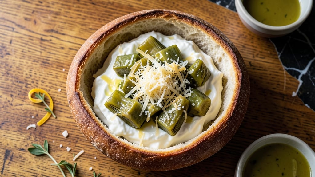 Artichoke Dip in Bread Bowl Recipe: Crispy Edges, Gooey Cheese Magic